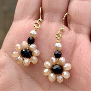 ⭐️2/$10 Black and Beige Crystal Beaded Flowers Handcrafted Gold Dangle Earrings